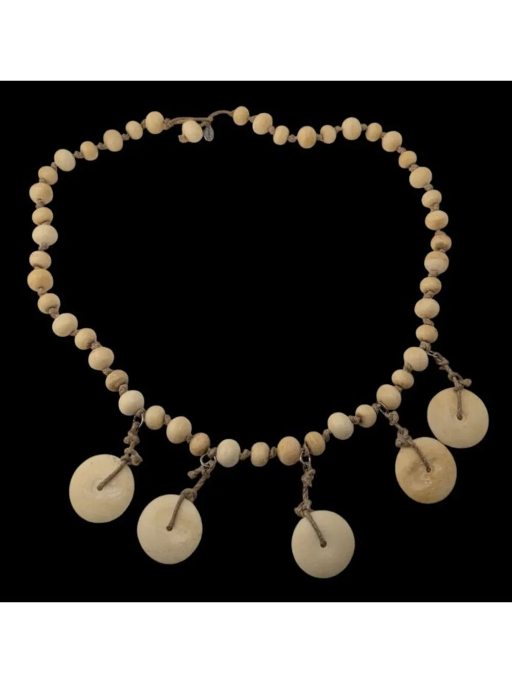 90s Boho Tribal Vintage Beaded Disc Dangle Statement Necklace Cream Tan